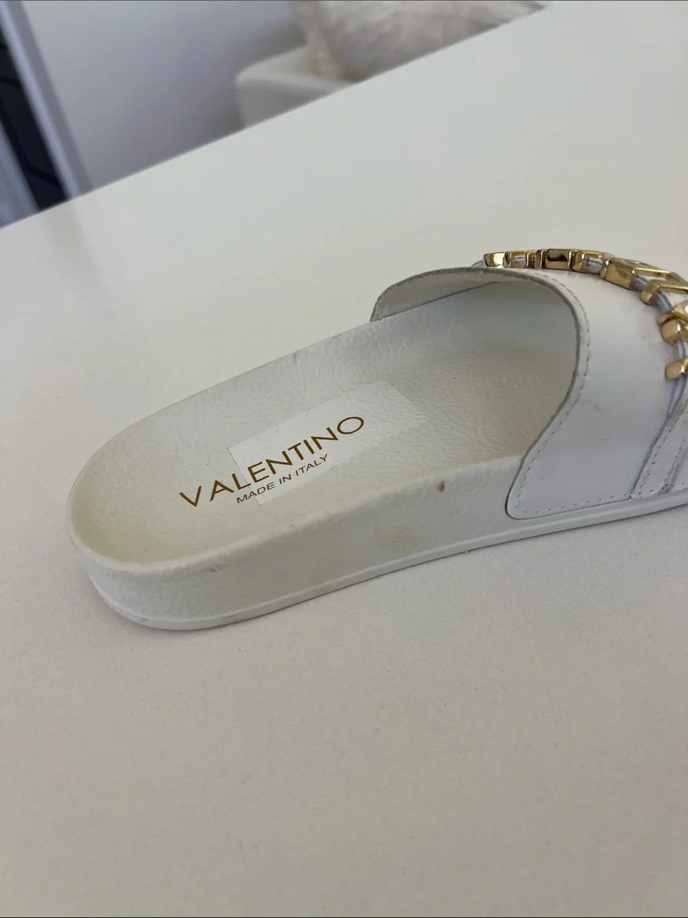 Valentino white leather open toe pool slides sandals with gold tone lettering 5